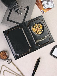 A-075 Обложка на паспорт (металл. герб РФ/нат. кожа)